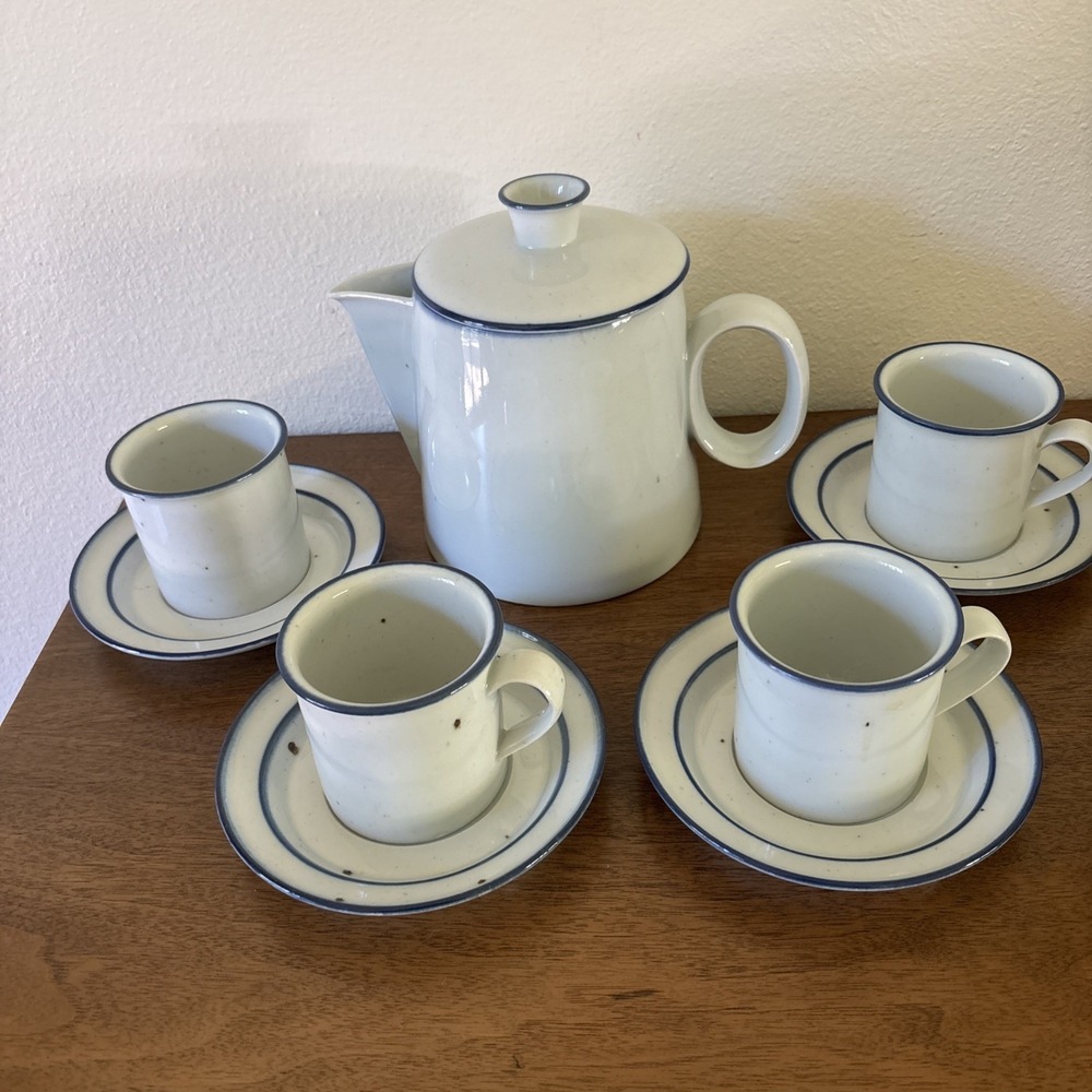 Dansk Designs Denmark Blue Mist Coffee Pot, 4 Cups & Saucers Niels Refsgaard